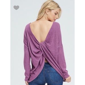 Gathered twist back solid knit sweater